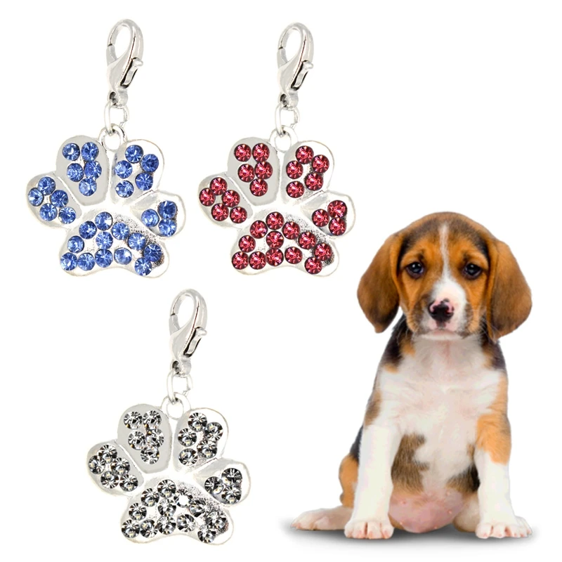 

New Fashion Pet Dog Paw Pendant Rhine stone Dog Cat Necklace Collar Decoration for Dog Collar White Blue Red