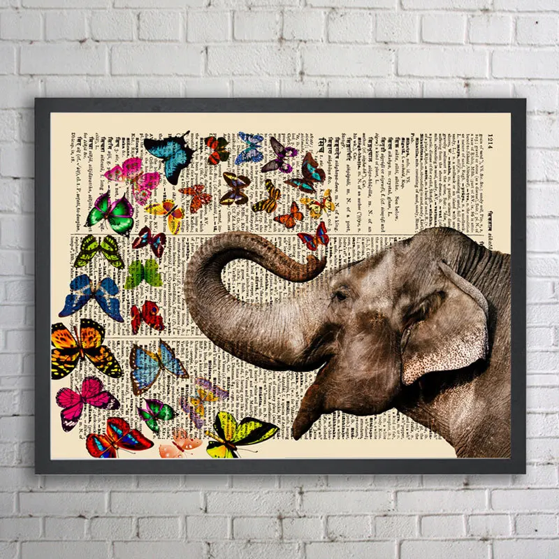 

Elephant with Butterflies Upcycled Vintage Dictionary Art Print Nursery Butterfly Wall Art Elephant Art Paint Poster Unframed