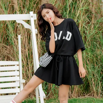 

Women Summer Casual Solid Color O-neck Short Sleeve T-shirt + Wide Leg Shorts Letter Print Two-Piece Set