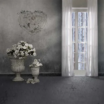 

Interior Gray Photo Background Wall Printed White Curtains Door Flowers Vases Love Theme Valentines Wedding Photography Backdrop