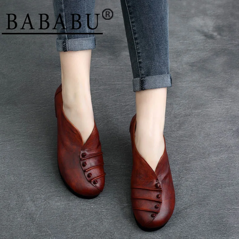 

BABABU 2018 Spring New Style Genuine Leather Retro Women Shoes Round Toe Shallow Casual Shoes Slip-on Women Flats Footwear