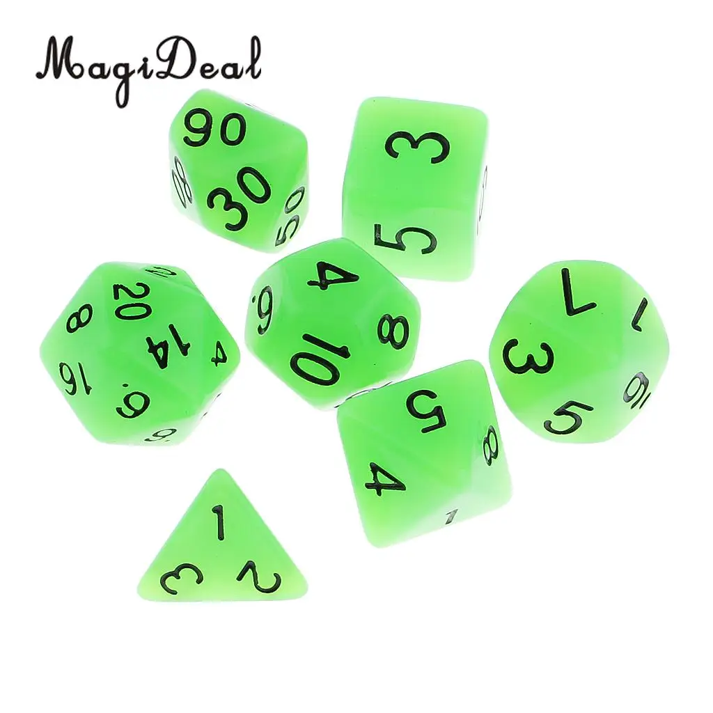 MagiDeal Top Quality 7Pcs Multi-Sided Dice Glow in the Dark for D&D MTG Party Bar Card Table Game Accessory Yellow/Green Gifts
