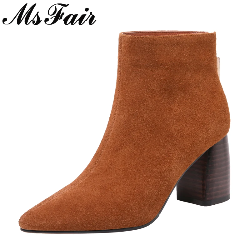 

MSFAIR Pointed Toe Square heel Women Boot Casual Fashion Zipper Ankle Boot Women Shoes Mature Concise High Heel Ankle Boot Woman