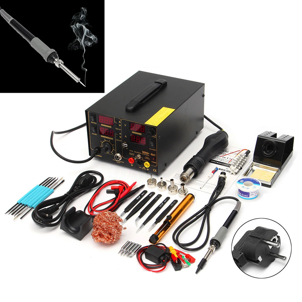 

1Set AC 220V 800W 909D Soldering Station + 6pcs Help Welding Tool + Copper Wire + Multimeter Pen with Tweezers Kit Set