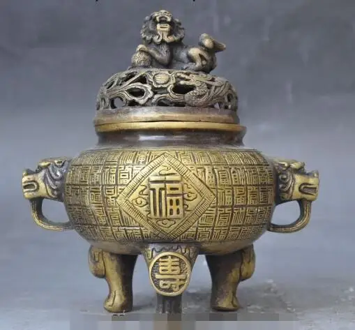 

song voge gem S6213 7"Marked chinese bronze fu shou foo dog lion beast statue incense burner Censer