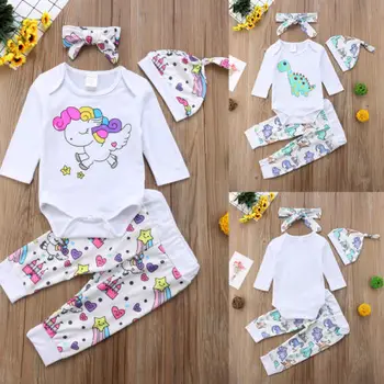 

2018 Autumn Newborn Infant Baby Boy Girl Cartoon Print Long Sleeve Bodysuit Tops Long Pants Hat Headband 4Pcs Outfits Set