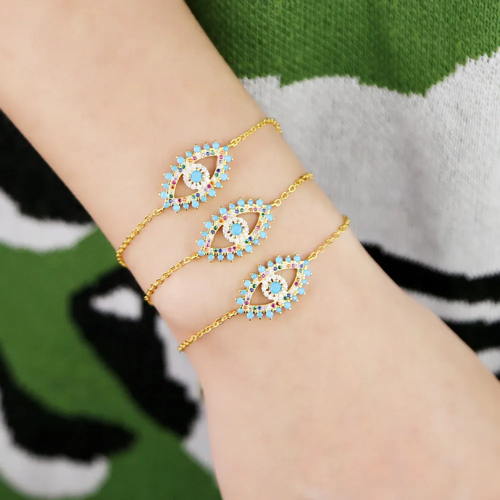 

Gold filled turquoisess Bangle Women 2019 fashion CZ Rainbow Turkish Blue Eye Bracelet with tiny rainbow CZ Girls Jewelry gifts
