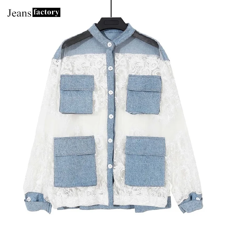 

Summer Big Fashion Denim Jacket Women Lace Stitching Coat Perspective Sexy Jeans Jacket Womens Loose Sunscreen Tops Trend Design