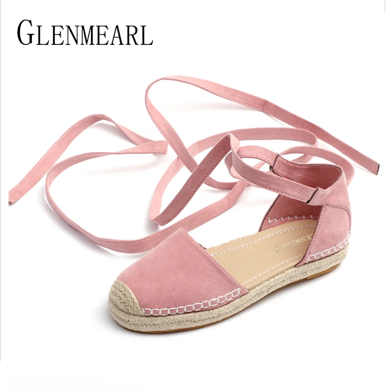 Achat 2018 Marque Femmes Appartements D été Chaussures Plate Forme Mules Dentelle Jusqu à la Cheville Sangle Pêcheur Chaussures Femme De Paille Rond Orteils Plus La Taille ladie DE