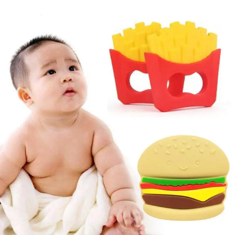 Забавные младенческие Прорезыватели гамбургер и чипы силиконовый прорезыватель из ДФП Бесплатная безопасности Дети прорезывания зубов