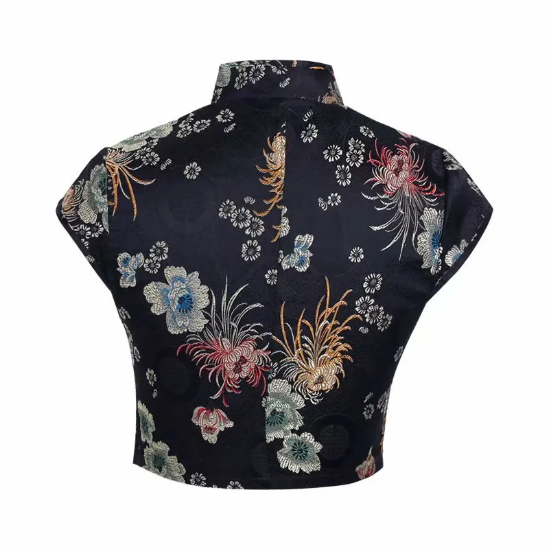 Женская футболка с цветочной вышивкой в стиле Харадзюку, китайский стиль, короткий топ с пряжкой, летние топы в стиле ретро, сексуальные открытые футболки, вечерние Клубные футболки