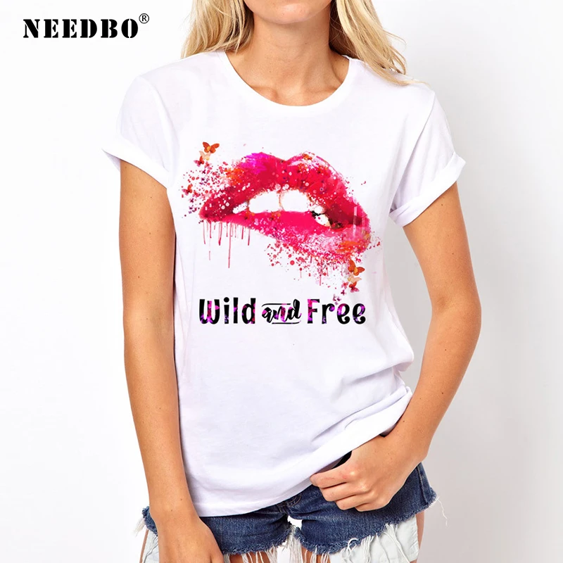 Женская футболка забавная Сексуальная Повседневная Femme Imprime Red Lips круглый вырез