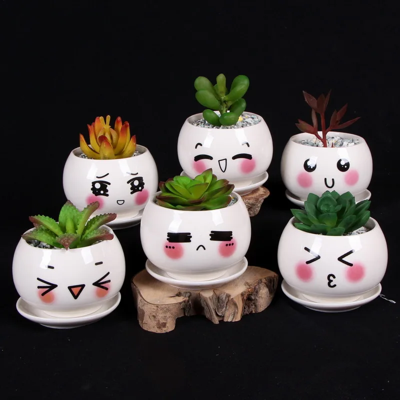 Cartoon Style Cute Expression Ceramic Small Flower Pots DIY Planter
