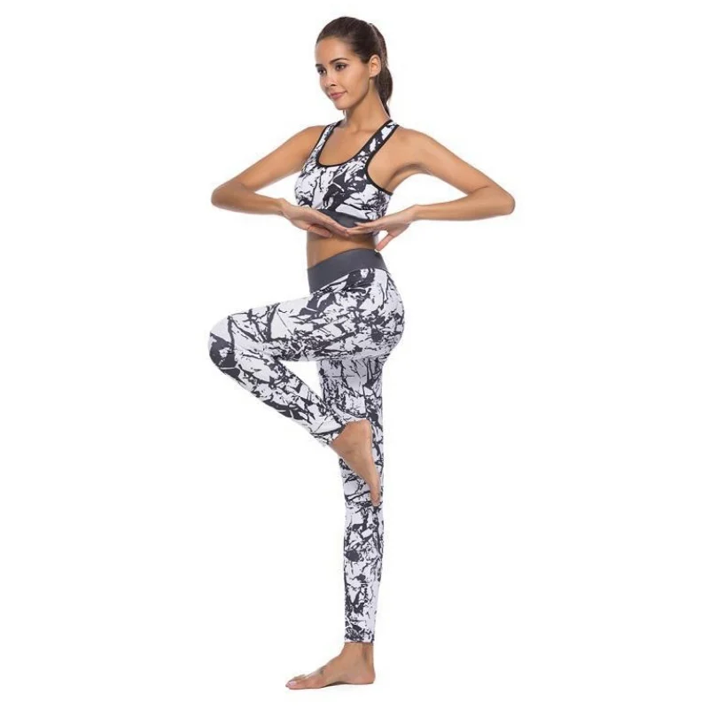 Printed Yoga Set 2018 New Suit Women Tracksuit Ink Painting Fitness Breathable Sportswear Tight Jumpsuits | Спорт и развлечения