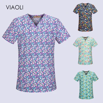 

VIAOLI printing Medical Costumes Nurse Uniform V-neck Uniforms Woman Lab Surgical Suit Medical Uniforms Man Surgical top scrubs