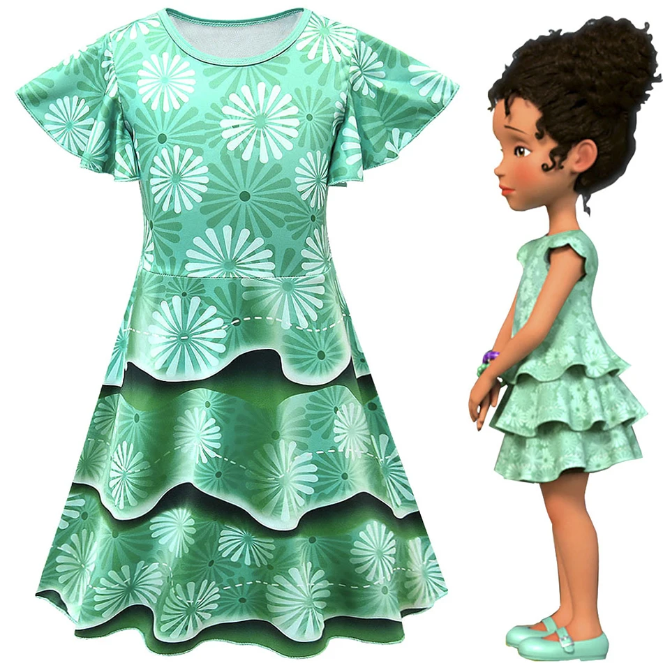

Green Flower Print Casual Dress for Girls 3D Floral Summer Frocks Fancy Nancy Costume Child Princess Fashion Knee Length Gown