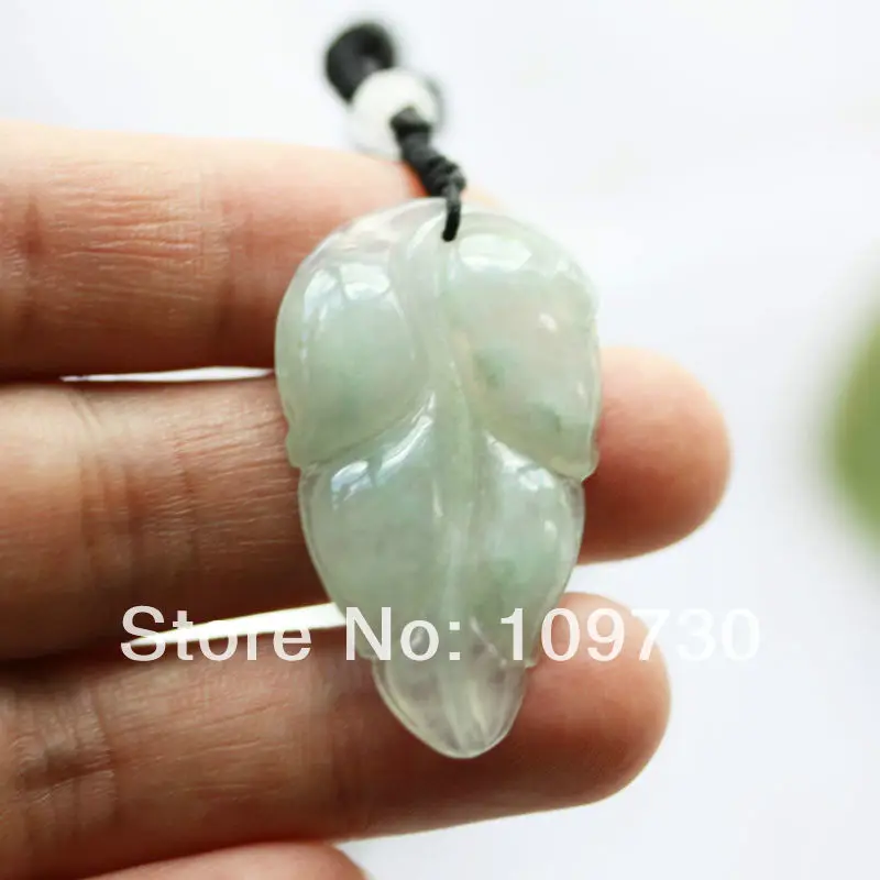 

dh 0067 NATURAL GRADE A Icy Green Jade Carved Leaf Pendant with String NecklaceNATURAL