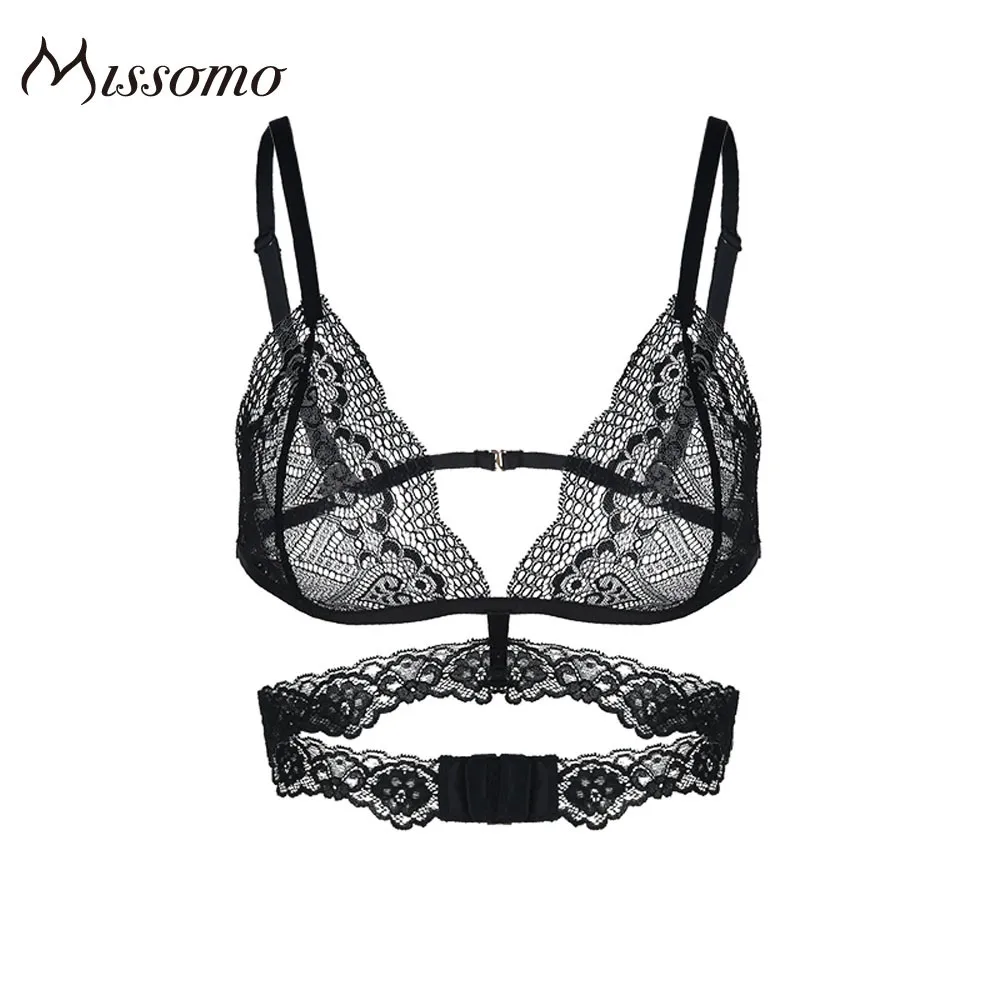 Missomo New Fashion Women Black Sexy Lace Jacquard Trim Bralette Adjustable Wide Straps Bras