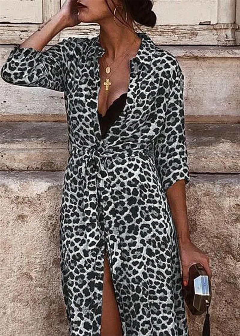 Женская рубашка с длинным рукавом, макси платье, повседневное леопардовое платье с v-образным вырезом, платье с разрезом на поясе, рубашка с длинным рукавом, макси платье, повседневное леопардовое платье