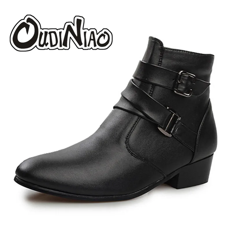 

OUDINIAO Increase Men Boots Zip Buckle Winter British Plush Fashion 2018 Boots PU Men Ankle Boots Bota Masculina Black Brown