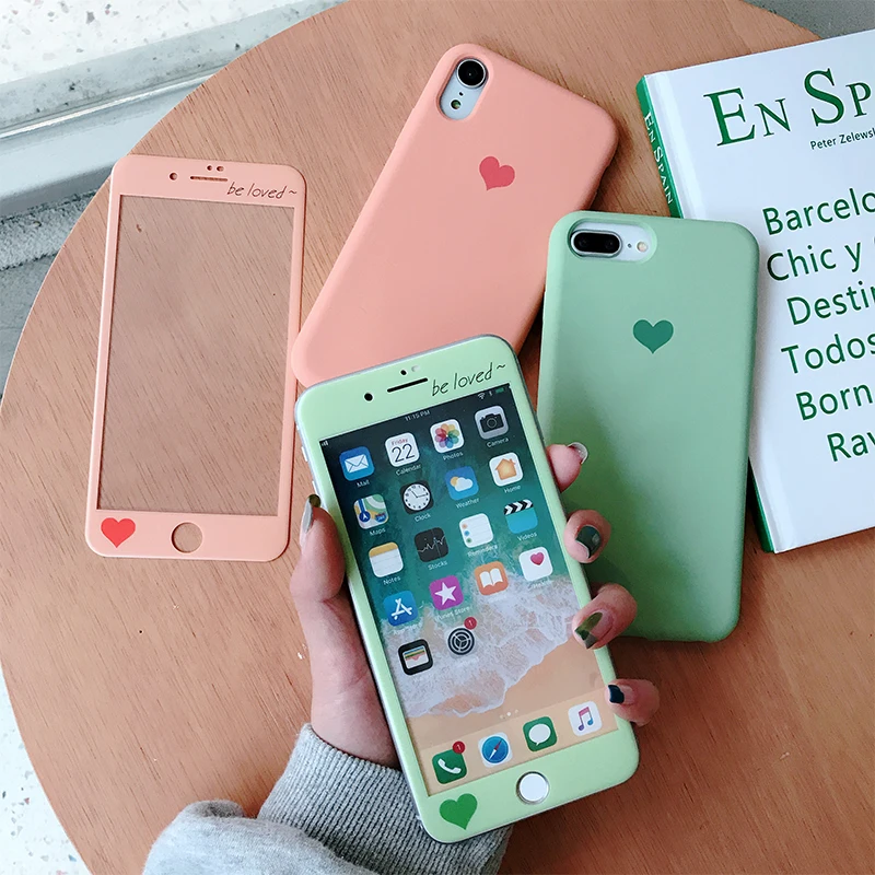 

For iPhone XS max XR X Liquid silicone back case & Tempered Glass Screen front film, simple love Cover for iPhone 8 7 plus 6 6SP