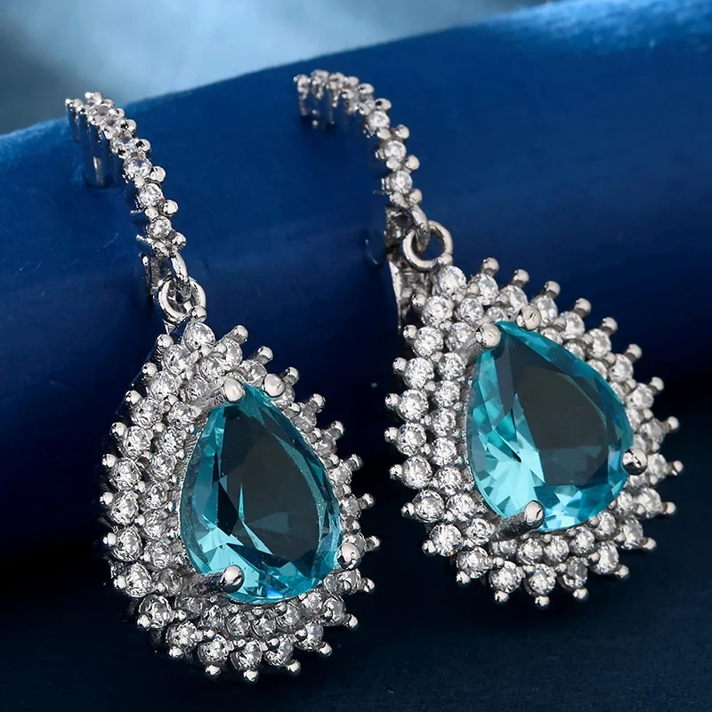 Модный каплевидный браслетов с синим морским камнем серьги с цирконием роскошные свадебные украшения серебро Цвет серьги с кристаллами подарки Z5Q326
