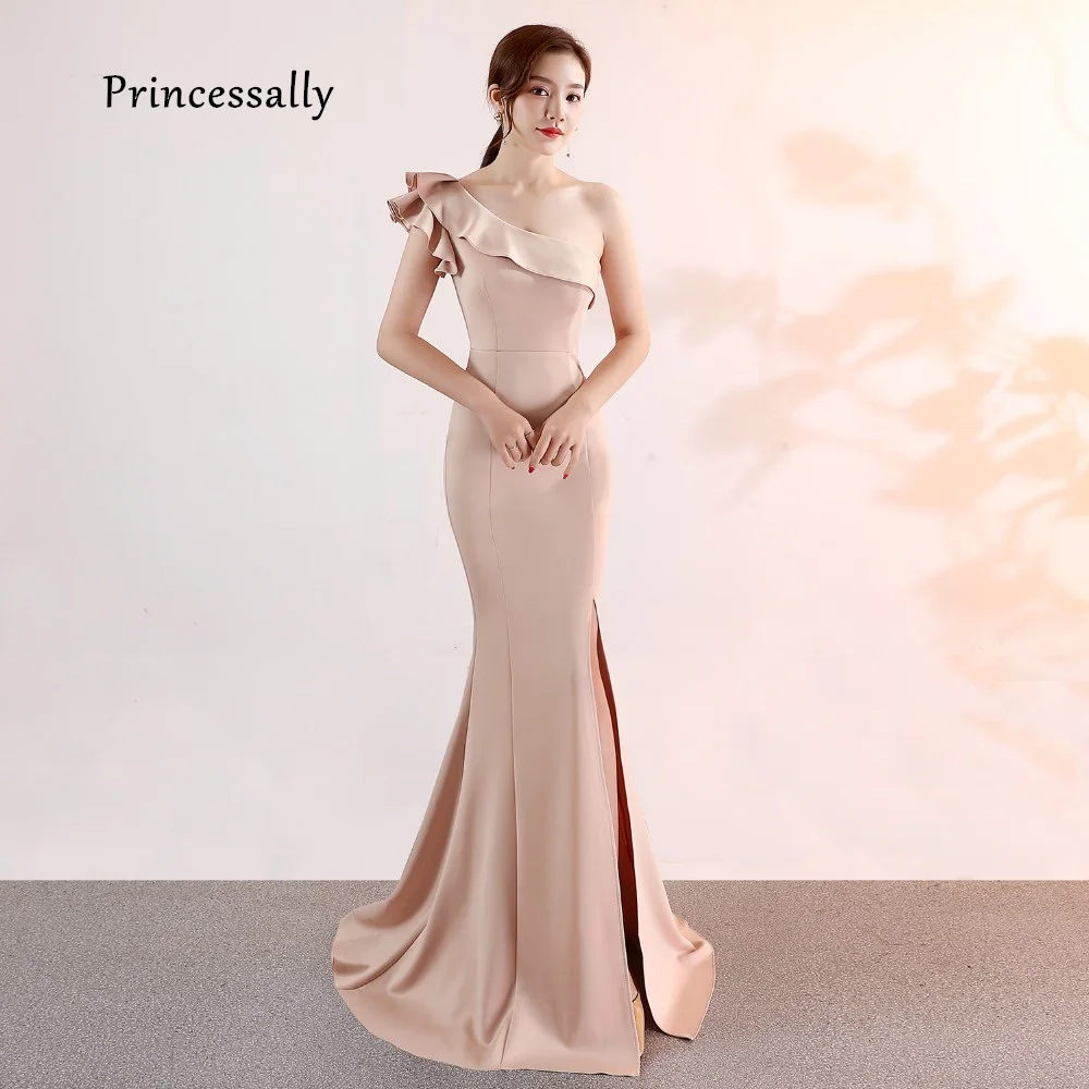 

New Mermaid Satin Evening Dress Apricot One Shoulder Sexy Side Slit Formal Prom Evening Dresses Long Kleider Damen Abendkleid