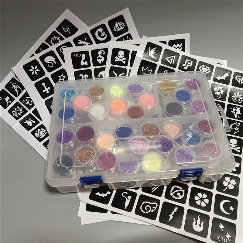 45 Colors Powder Glitter 6 Glues 2 Brushes 5 Hollow Template 2 Remove Water Kit for Temporary Tattoo Kids Face DIY Nail Body Art