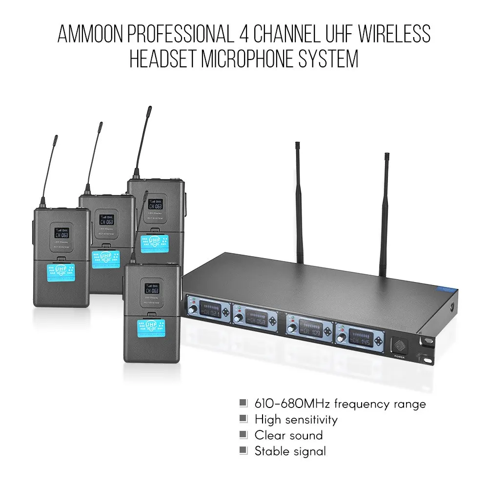 Ammoon 4T Профессиональный 4 канальный микрофон UHF беспроводная гарнитура