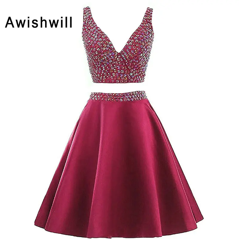 

Double V-neck Beaded Satin Sleeveless Homecoming Dresses 2019 Two Pieces Graduation Party Dress Vestido Corto Para Fiesta