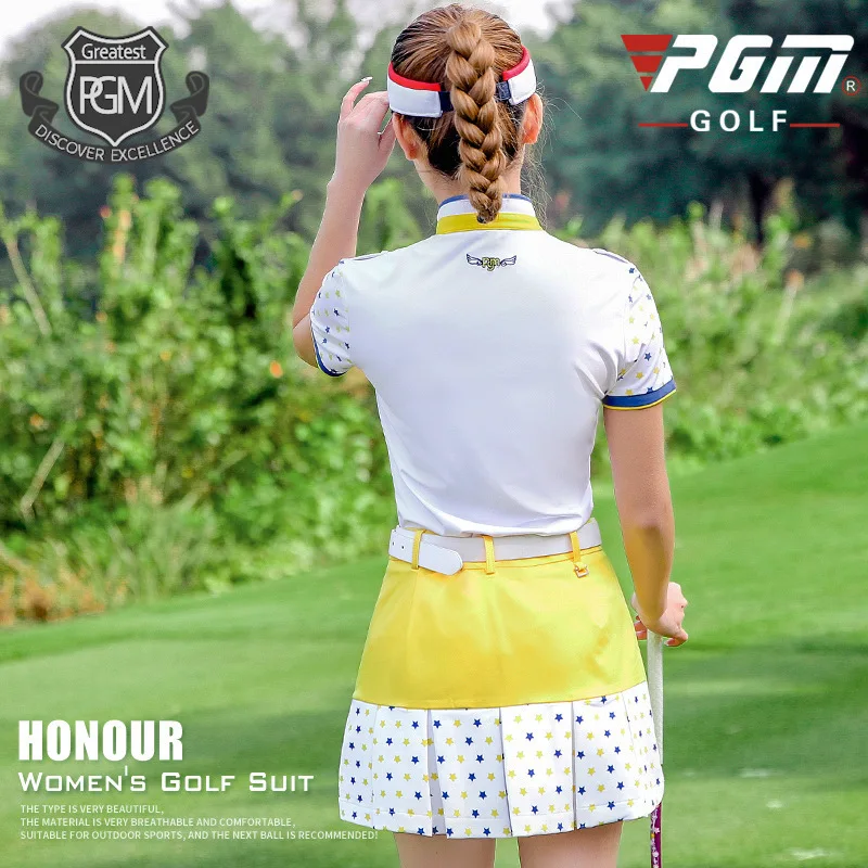 PGM комплекты с юбкой для гольфа, женская футболка с коротким рукавом, летняя плиссированная юбка, спортивный костюм, Женская дышащая одежда для гольфа D0735