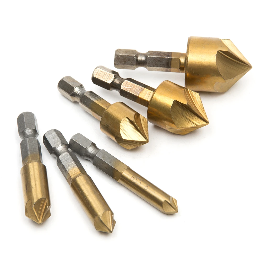 6pcs/set Hexagon 5 Flute Chamfer Countersink Titanized Core Drill Bit 6