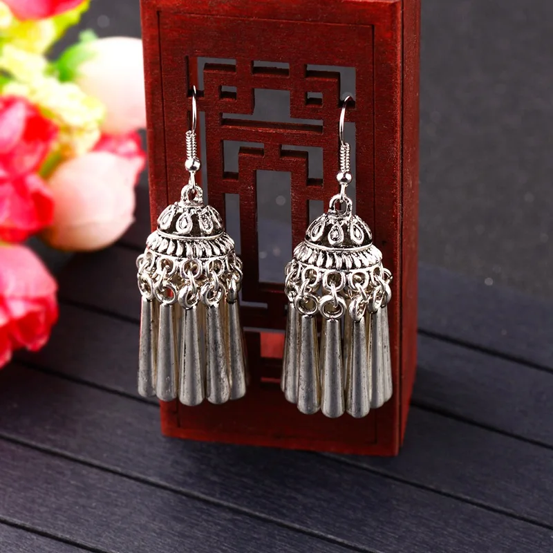 

TopHanqi Boho Ethnic Indian Jewelry Sliver Color Long Drop Tassel Earring Pendientes Alloy Hollow Out Dangle Earrings For Women