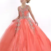 Персиковое платье для особых случаев с цветочным узором для девочек, милое Тюлевое торжественное Длинное Пышное Платье с бисером для девочек, длина до пола
