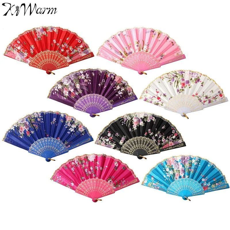 

KiWarm Chinese Japanese Style Silk Lace Dance Fan Flower Pattern Hand Fan Folding Fan Wedding Home Decoration Art Crafts Gift