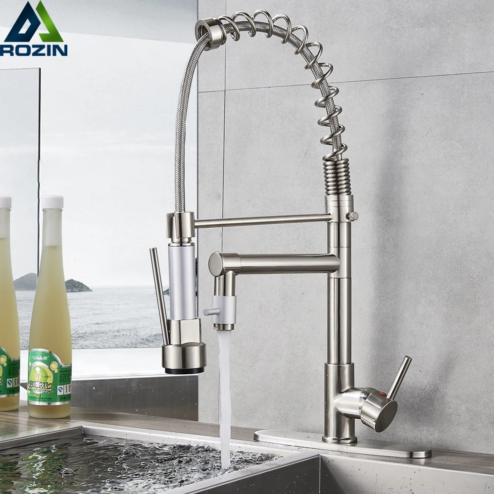 Brushed Nickel Kitchen Faucet With Side Sprayer, Two Handle High Arc