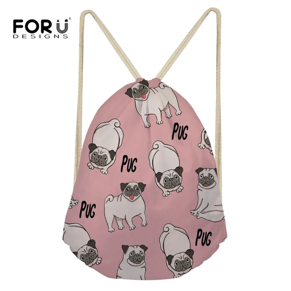 FORUDESIGNS Gym Bag Drawstring Bag Cute Pug Animal Printed Sport Bag for Women Fitness Training Athletic Bag for Yoga Daypack