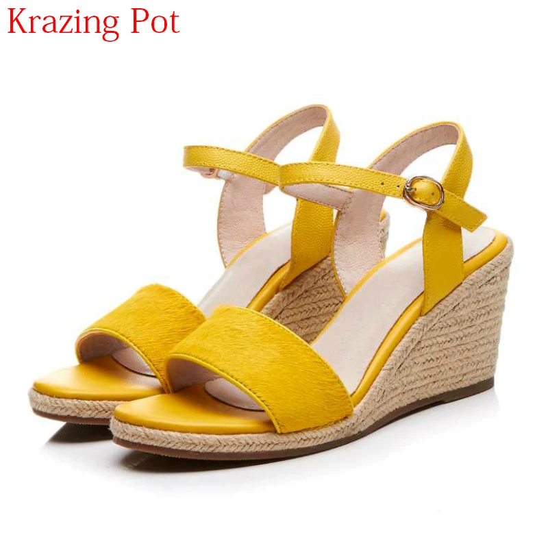 

2019 New Arrival Horsehair Genuine Leather Wedges Sandals Increased High Heels Straw Handmade Peep Toe Brand Summer Shoes L22
