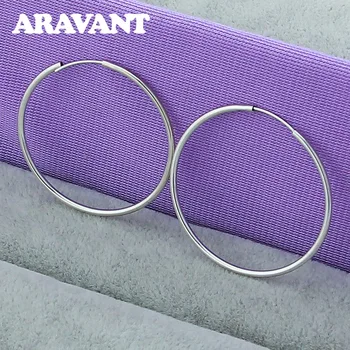 

925 Silver Jewelry 35mm Smooth Round Circle Hoop Earrings For Women Fashion Jewelry
