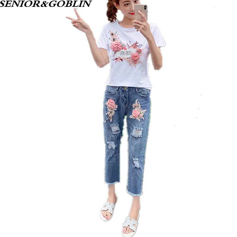 

High Quality Summer New Style Short Sleeve Two Piece Set 3D Floral Cotton Letter T shirt Top+Ripped Jeans Denim Casual Suits