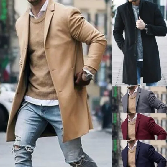 

Fashion Men's Wool Coat Winter Trench Coat Outwear Overcoat Long Sleeve Jacket