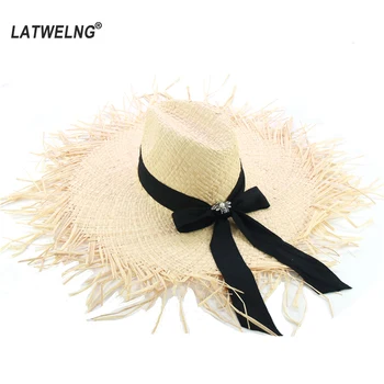 

2020 New Designer Women Oversized Summer Hats Fashion Long Bow Raffia Beach Hat Large Brim Straw Visor Cap With Bee Wholesale