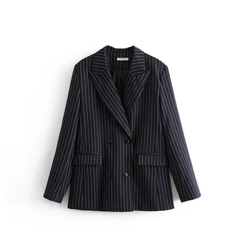 

Spring 2019 women blazer casual navy blue womens clothing striped blazer feminino long sleeve coat women