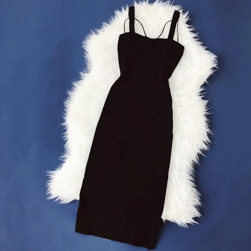 Новинка, модная женская одежда для взрослых, однотонное стрейчевое трикотажное сексуальное платье с разрезом на бедрах, длинное темпераментное платье на бретелях - Цвет: Черный