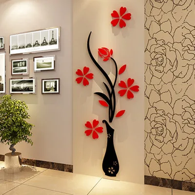 

New 3d three-dimensional crystal vase Wall Stickers Bedroom living room TV sofa backdrop Decoration Romantic Creative Acrylic