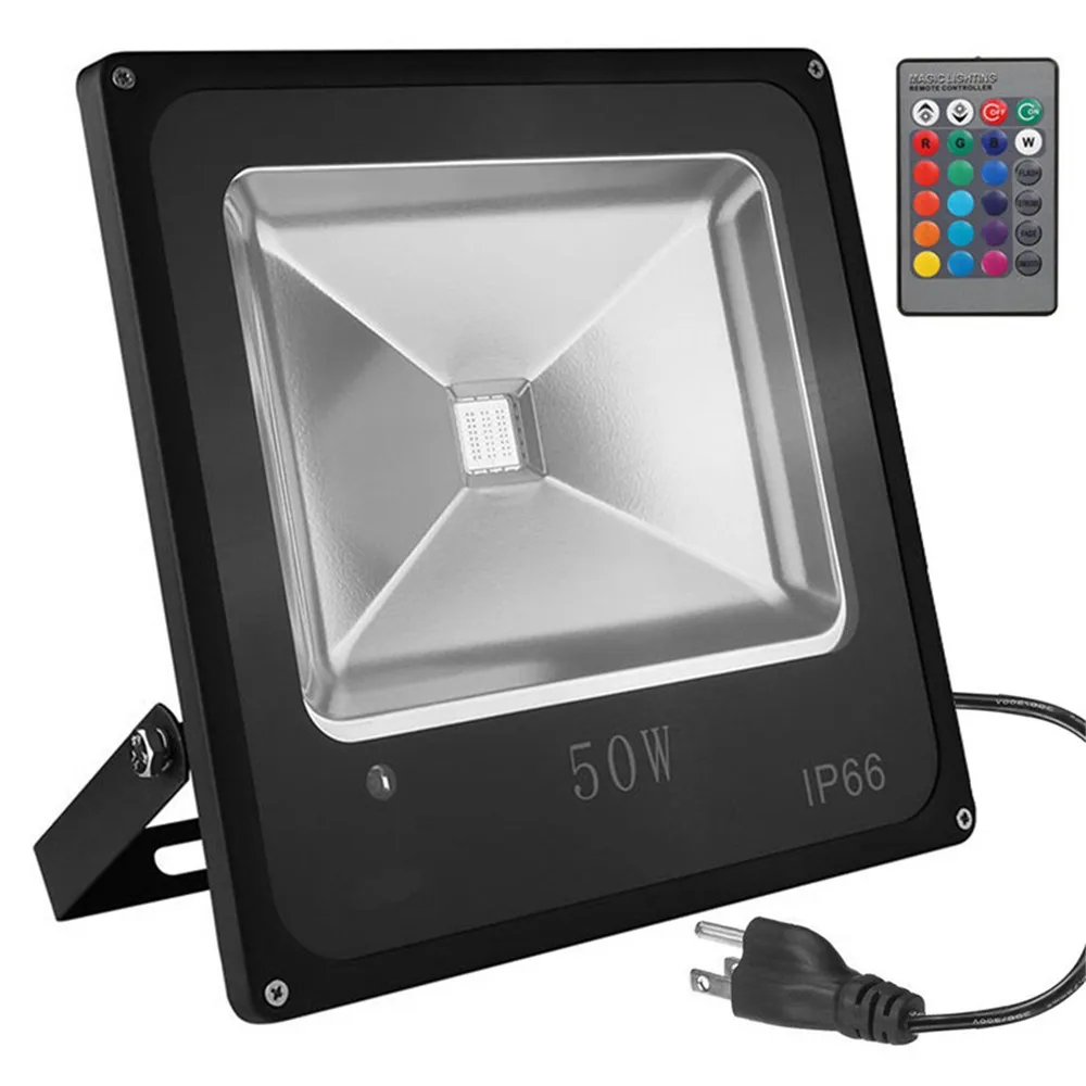 50w Rgb Led Flood Light Outdoor Spotlights Cord Plug Wire Remote