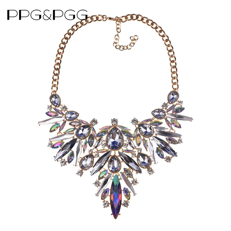 

PPG&PGG 2019 Geometric Statement Big Rhinestone Necklace Shiny Crystal Gold Choker Women Custom Necklace Wholesale