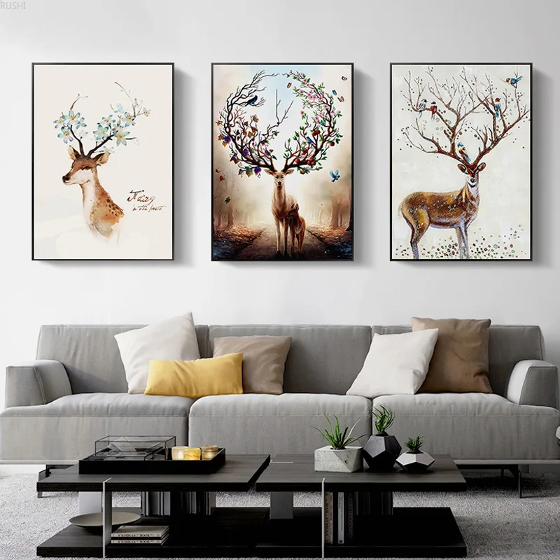 

Modern Simple Elk Living Room Decorative Painting Restaurant Hanging Paintings with Frame Triple Painting Sofa Backwall Decor