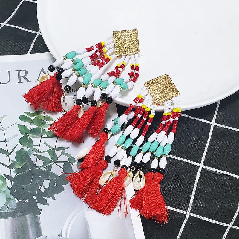 

JUJIA Bohemian Handmade Beads Big Tassel Drop Earrings For Women Wedding Trendy Girls Party Gift Statement Earrings