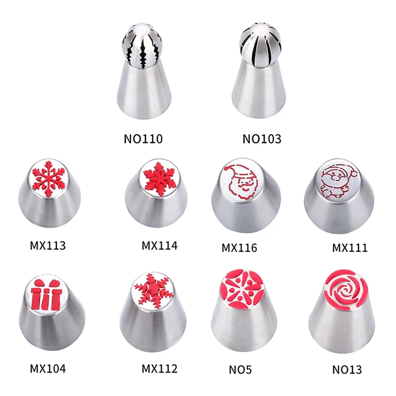 

10PCS Christmas Style Pastry Nozzle Set Santa Claus Christmas Tree Piping Tips Russian Flowers Cake DIY Baking Tools